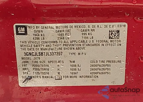 2018 Chevrolet Trax Lt из США, поврежденный, VIN 3GNCJLSB7JL337397